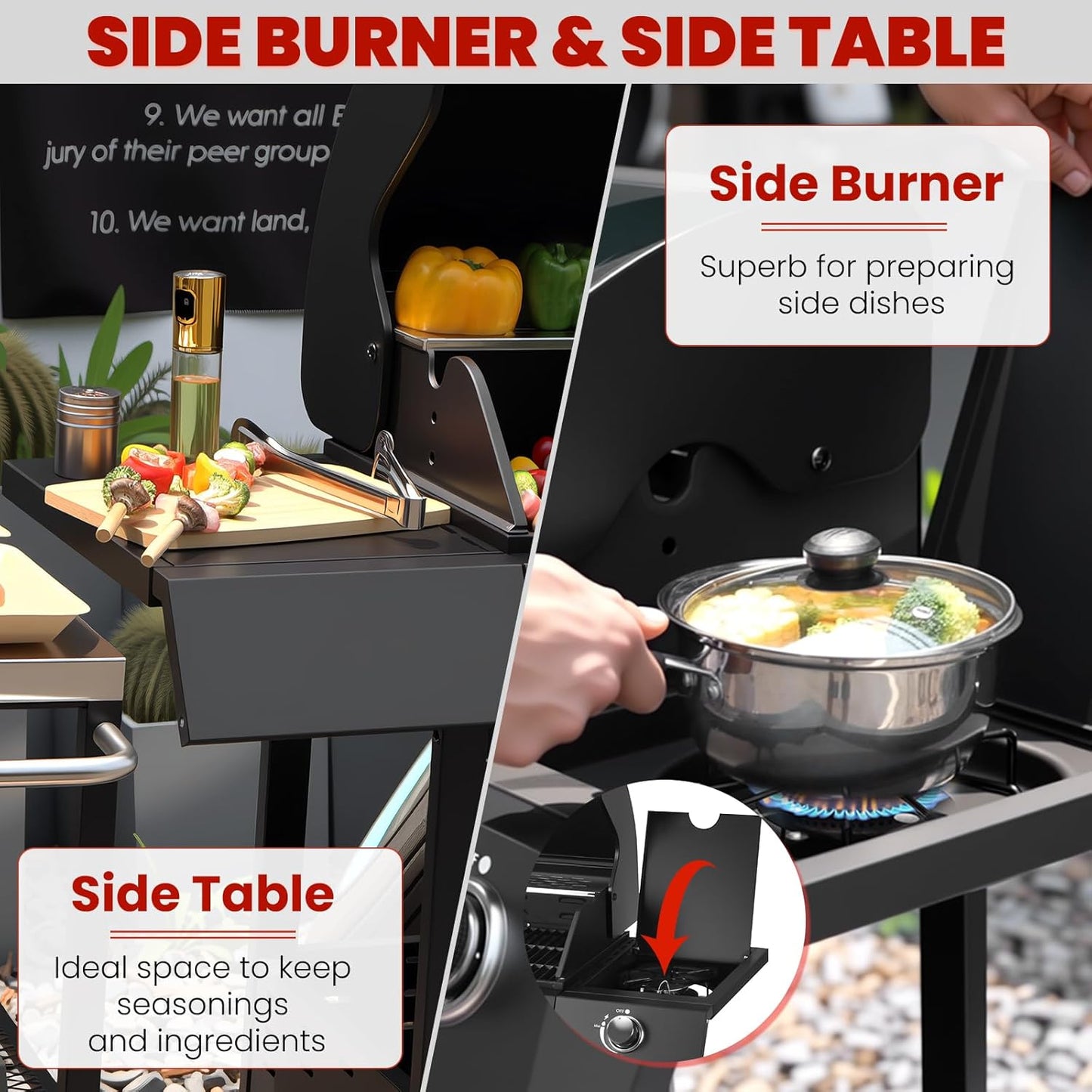 Q043-4-Burner w/Side Burner Gas Grill with 292 SQ.IN. Outdoor Grill with 44,000 BTU,Propane Grills with Top Cover Lid,Grills Outdoor Cooking for Patios,Camping,Balcony,Garden
