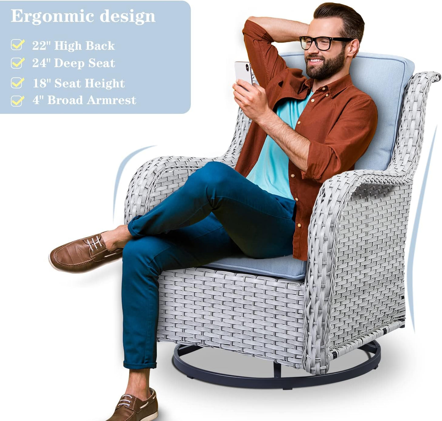 Wicker Outdoor Furniture Patio Furniture Set - 6 Piece Patio Conversation Set with Swivel Rocker Chairs, Loveseat Sofa, Ottomans and Coffee Table, Baby Blue Cushion