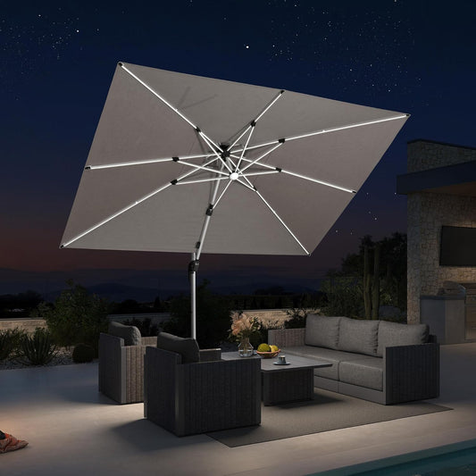 PURPLE LEAF 10' X 10' Solar Powered LED Patio Large Umbrella Offset Double Top Hanging Umbrella Outdoor Market Umbrella for Garden, Heather Taupe