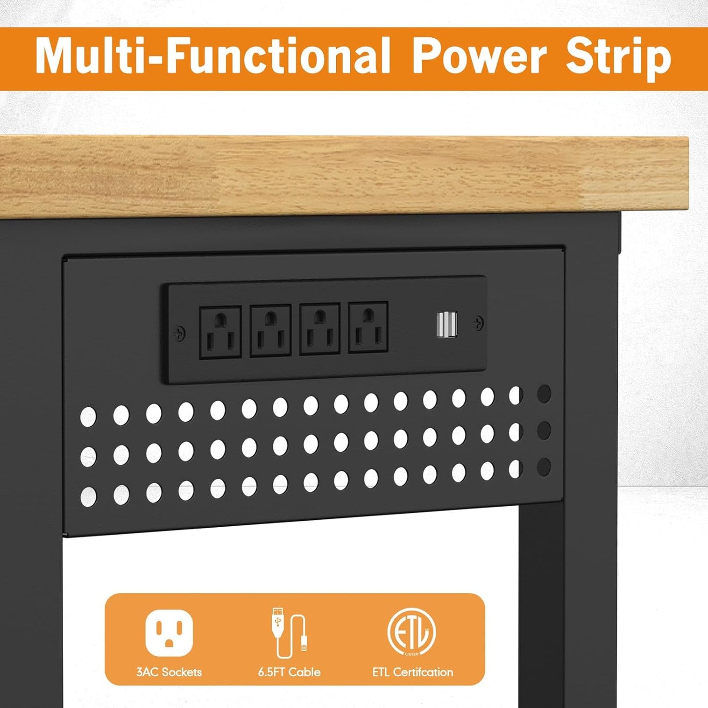 70" Heavy Duty Solid Wood Work Bench with Pegboard, Adjustable Height Workbench with Wheels and Power Outlets, 2000 LBS Capacity Work Table for Garage, Workshop, Office, Home