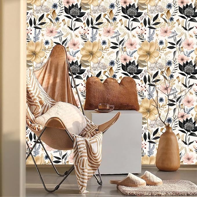 White/Pink/Gold Floral Garden Black Blue Flowers Vintage Peel and Stick Wallpaper Self Adhesive Removable Easy Peel Off Contact Paper Stick on Wall Paper for Bedroom Cabinet Renter Friendly