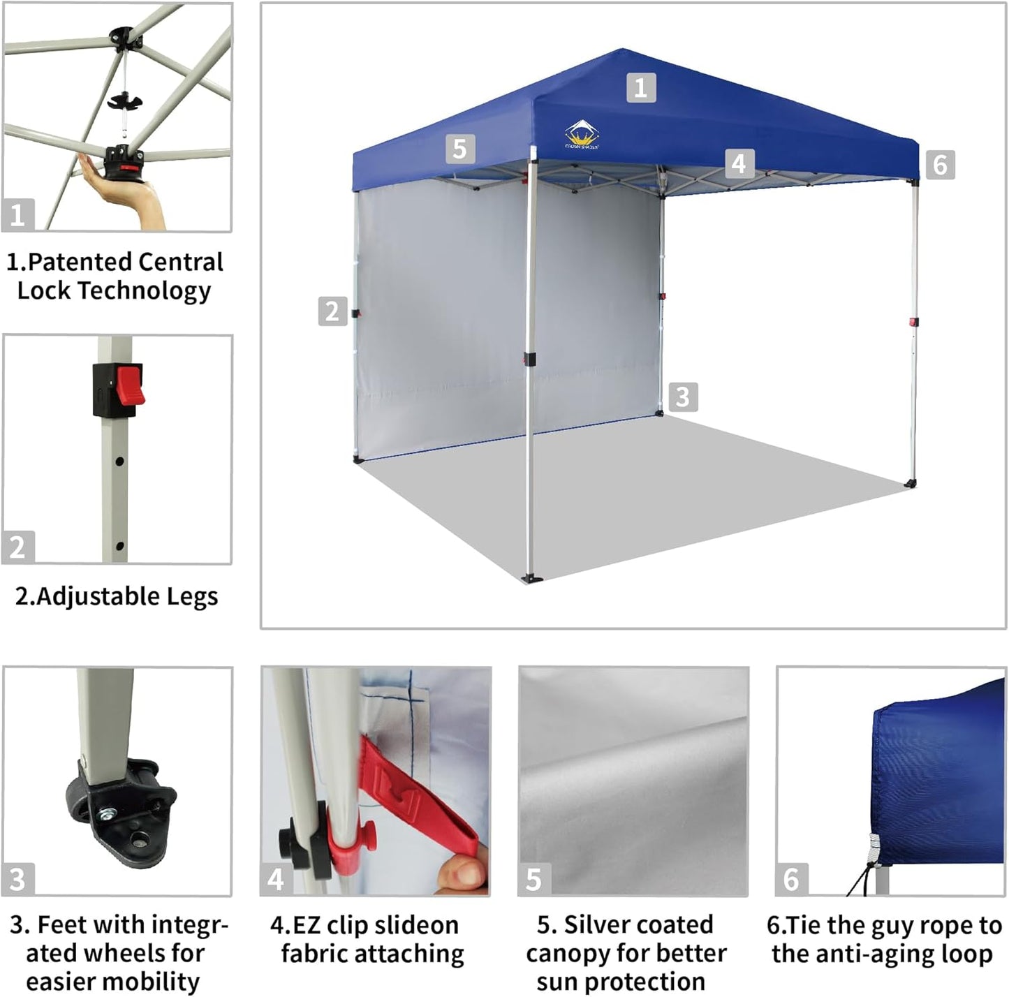 CROWN SHADES 8x8 Pop Up Canopy with 1 Side Wall - Beach Tent with One Push Setup - Outdoor Sun Shade for Events, Parties, Camping - Gazebo with STO-N-Go Cover Bag (Navy Blue)