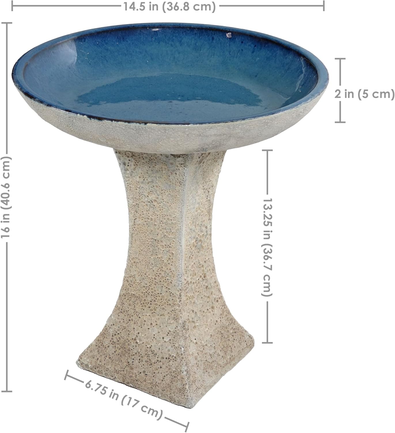 Sunnydaze Ceramic Bird Bath for Outside - 16" H - UV- and Frost-Resistant - Pedestal Bird Bath - Blue Glazed Bowl - White Lava Finish