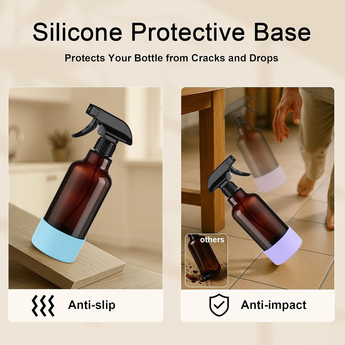 Glass Spray Bottles with Silicone Sleeve 16.9oz 2 Pack Empty Spray Bottle for Hair Mist/Stream Spraying for Cleaning Solutions, Plants, Essential Oils (Brown-qblue&purple)