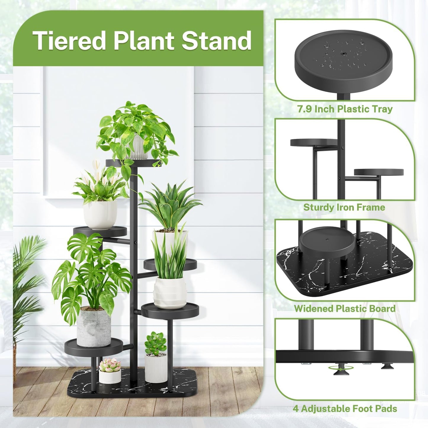 iDavosic.ly 5 Tier Plant Stand Indoor Outdoor, Tiered Corner Plant Stands for Multiple Plants, Metal Plastic Tall Plant Display Holder Flower Shelf for Patio Living Room Garden Balcony Bedroom, Black