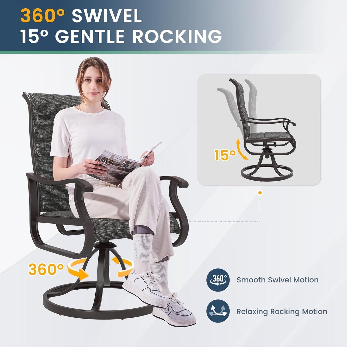 Amopatio Padded Patio Swivel Chairs Set of 6, Outdoor Dining Chairs with Ultra Soft Textilene High Back Seat & Metal Rocker Frame, for Backyard Deck Lawn Garden, Dark Grey