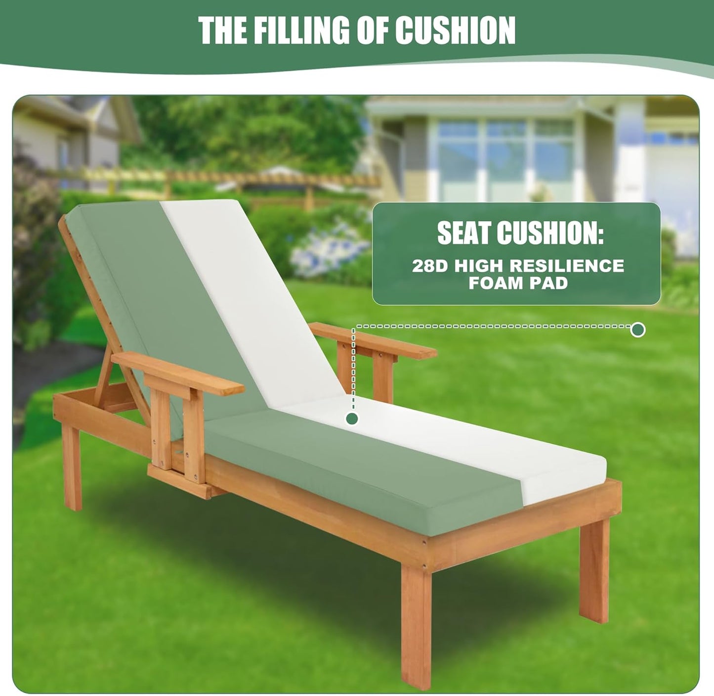 Chaise Lounge Cushions Outdoor Set of 2 - Waterproof and Fade Resistant Sun Lounger Replacement Cushions - Patio Lounger Pads with Removable Cover for Pool, Deck, 72 x 21 x 3 Inch, Sage Green