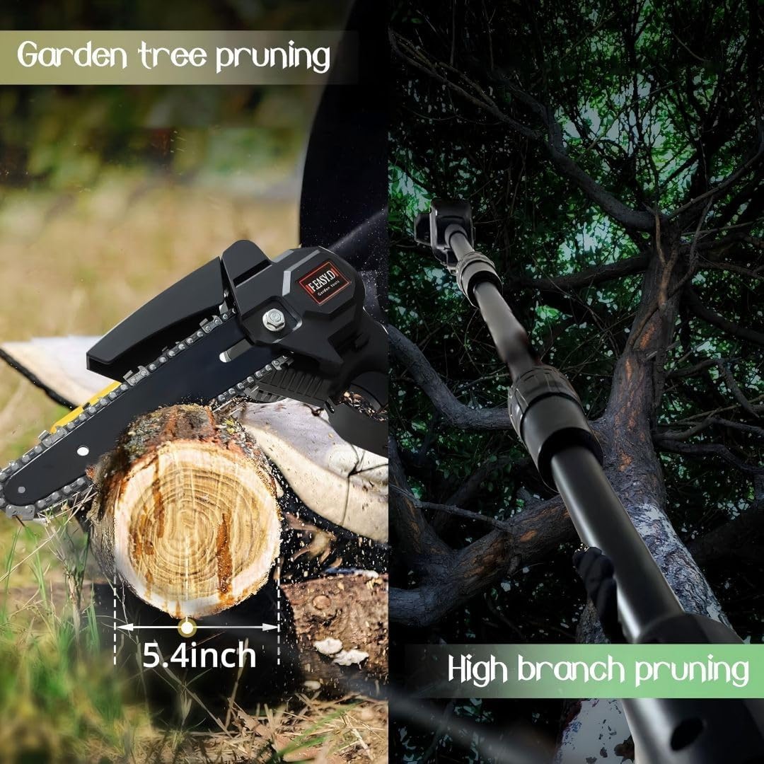 High Branch Chainsaw. 6-inch Brushless Lithium Pole Saw. 2 x 24V Battery and Charger. Three Telescopic rods. Lightweight Garden Pruning Tool. for Tree Pruning.