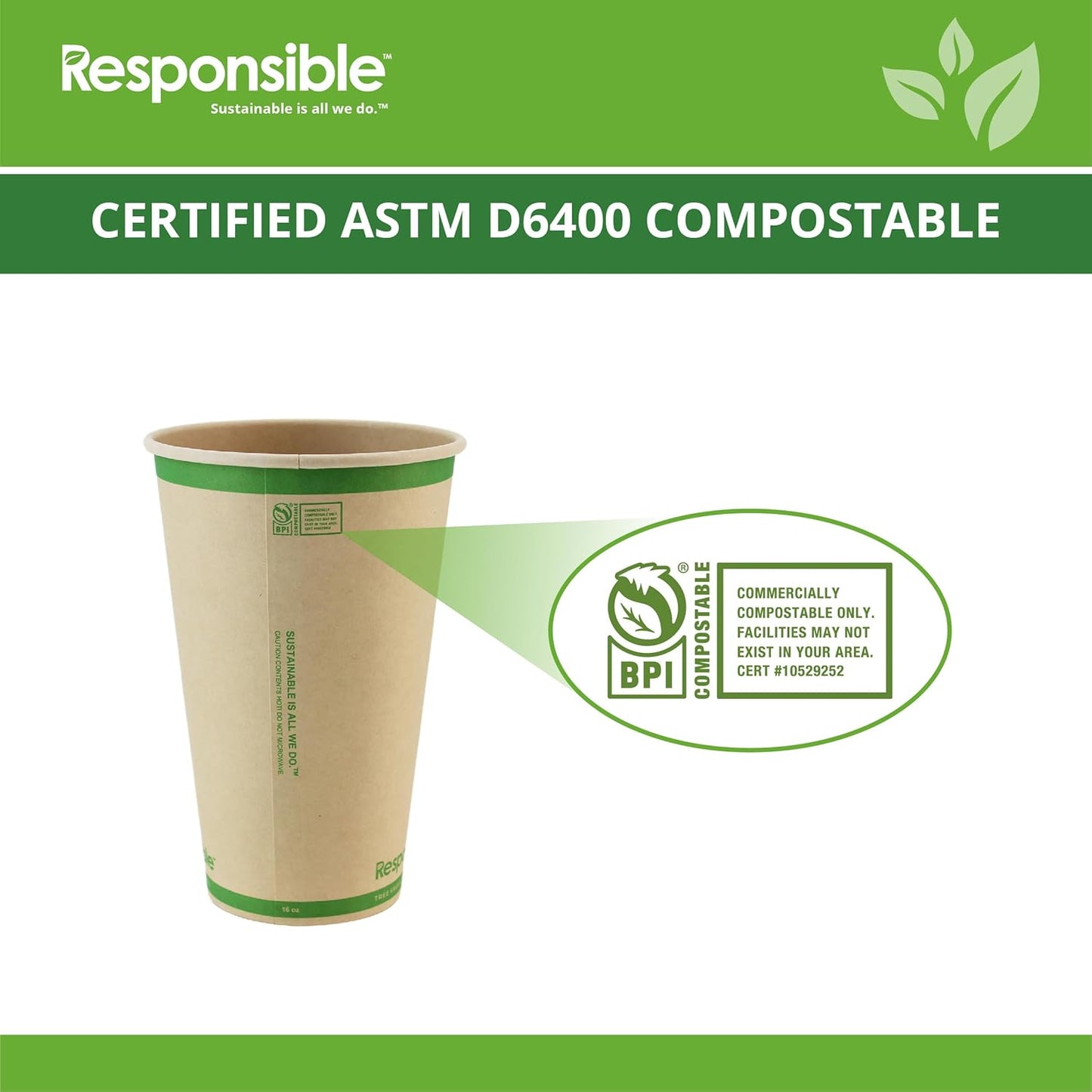 Certified Compostable 16 oz Paper Cups, Cold ＆ Hot Coffee Cups, Disposable Paper Cups, Extra Strength Disposable Cups, Made without PFAS (50 count)