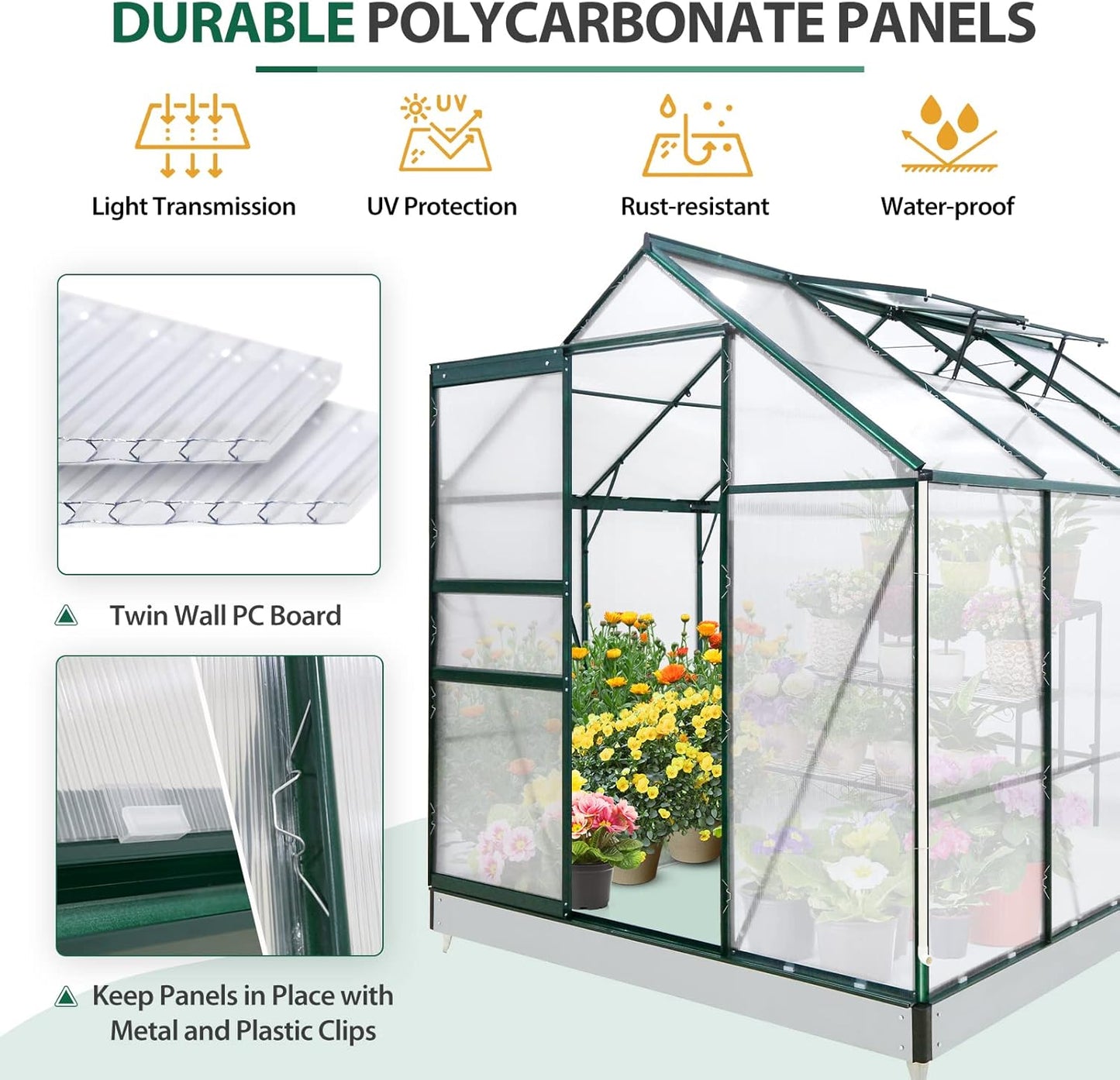 EAGLE PEAK 6x8x7 Outdoor Walk-in Hobby Greenhouse with Adjustable Roof Vent and Rain Gutter, Base and Anchor, Polycarbonate Aluminum Green House for Backyard Garden, Dark Green