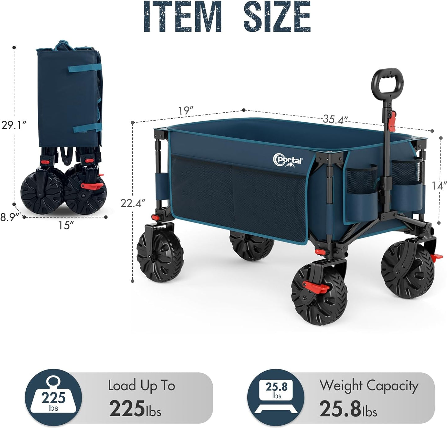 PORTAL Collapsible Wagon with Brakes, Heavy Duty Utility Cart with All-Terrain Wheels, Portable Folding Wagons for Camping, Beach, Garden, Shopping, and Groceries