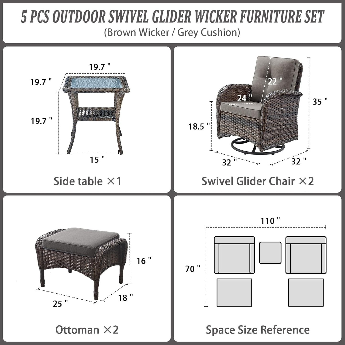 Small Conversation Sets Patio Funiture - 5 Piece Outdoor Swivel Rocker Wicker Furniture Sets with Ottomans Side Table Perfect for Patio Deck Backyard, Brown Wicker Grey Cushion