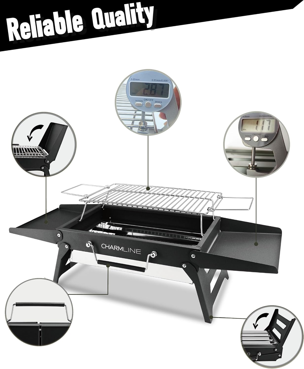 Charmline 14x9inch Foldable Portable Grill Charcoal, Compact Portable Grill for Outdoor Use, Desktop Charcoal Grill, BBQ Grill for Camping, Picnics, Gardens and Beach Parties, Green, Black