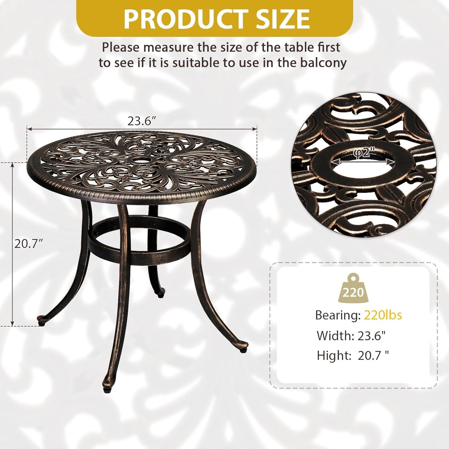 Outvita Patio Side Table, 23.6in Outdoor Round Cast Aluminum Bistro Table with Umbrella Hole and Antique Design for Backyard Porch Pool Balcony Deck Bronze