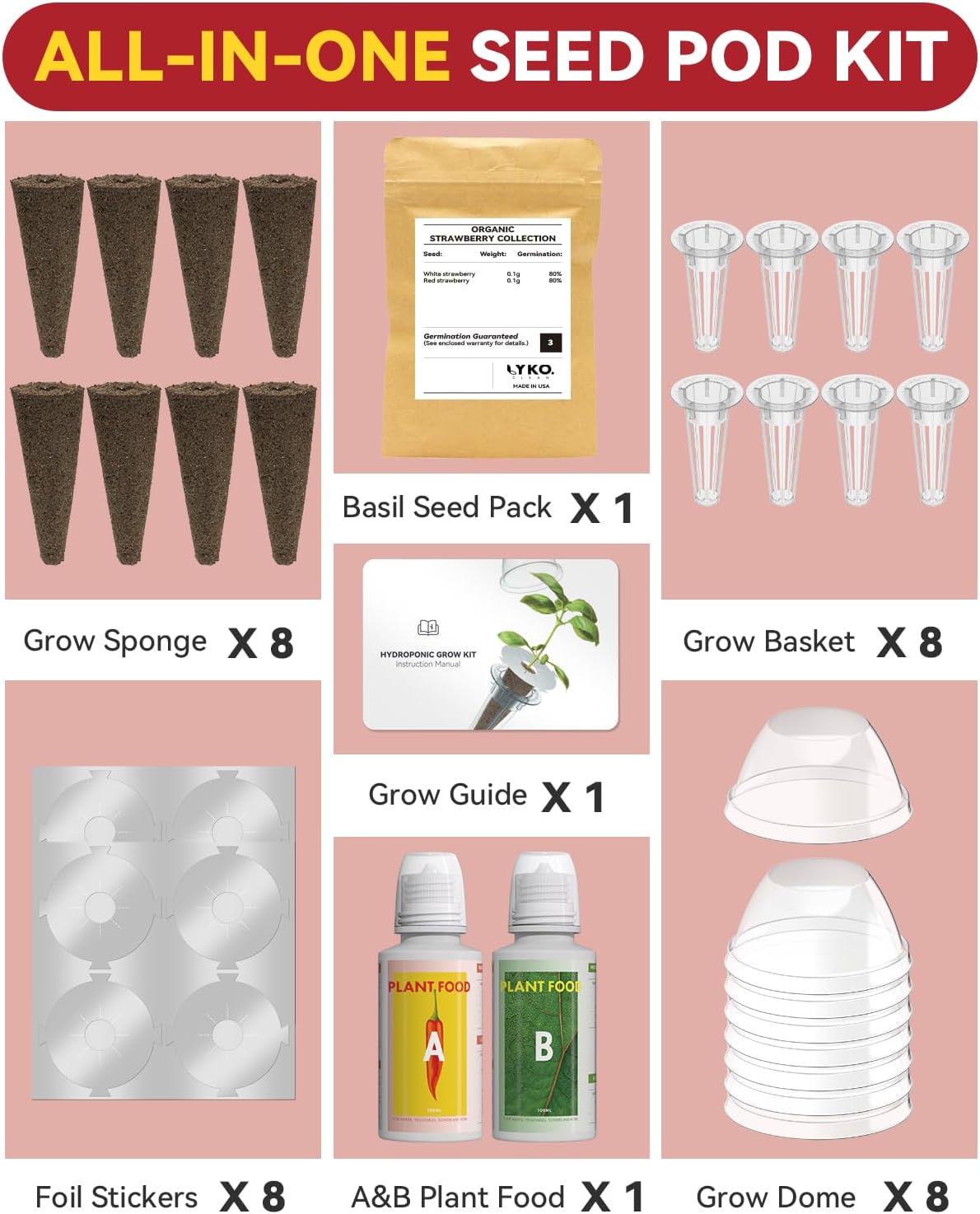 LYKOCLEAN Hydroponic Seed Pod Kit Compatible with AeroGarden, Ahopegarden, iDoo, MUFGA, 8 Pods Complete Growing Anything Garden Supply with Strawberry Seeds, Grow Sponges, Baskets, Domes, Labels