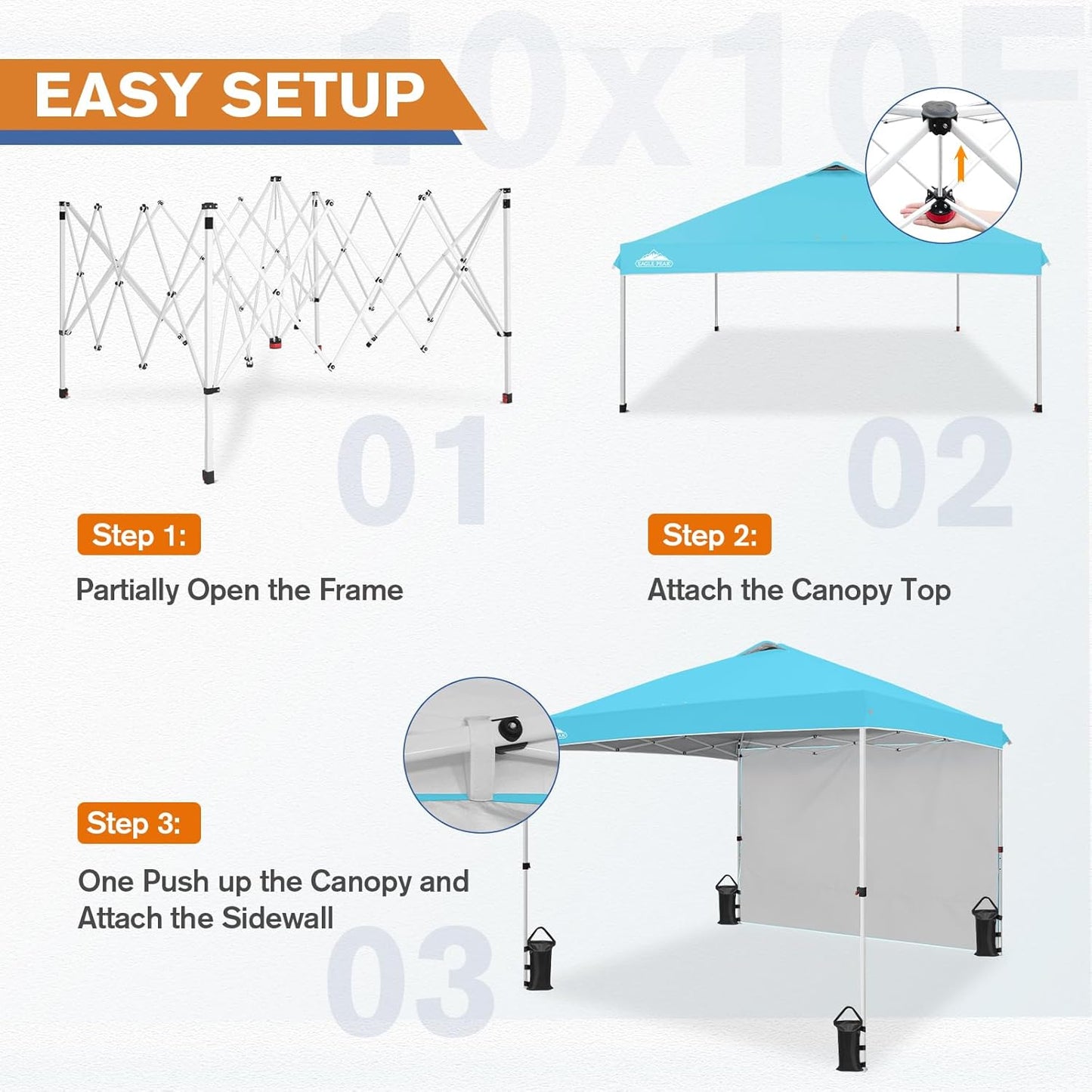 EAGLE PEAK Pop Up Canopy Tent with 1 Sidewall, Easy Setup Event Tent, Outdoor Sun Shade, Wheeled Carry Bag, Stakes and Guy Ropes, Instant Canopy 10x10, Light Blue