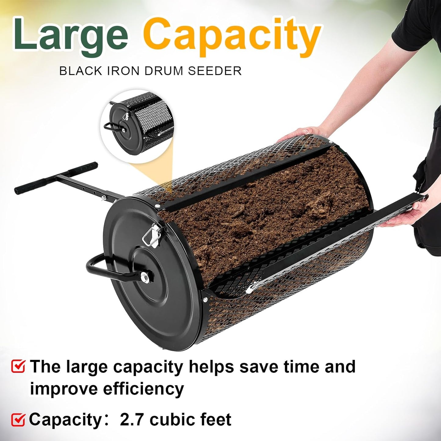 Hiboom 36 Inch Compost Spreader, Peat Moss Spreader, Manure Roller with Adjustable T Shaped Handle, Lightweight Metal Mesh for Lawn Garden Spreading Manure Topsoil (Black)