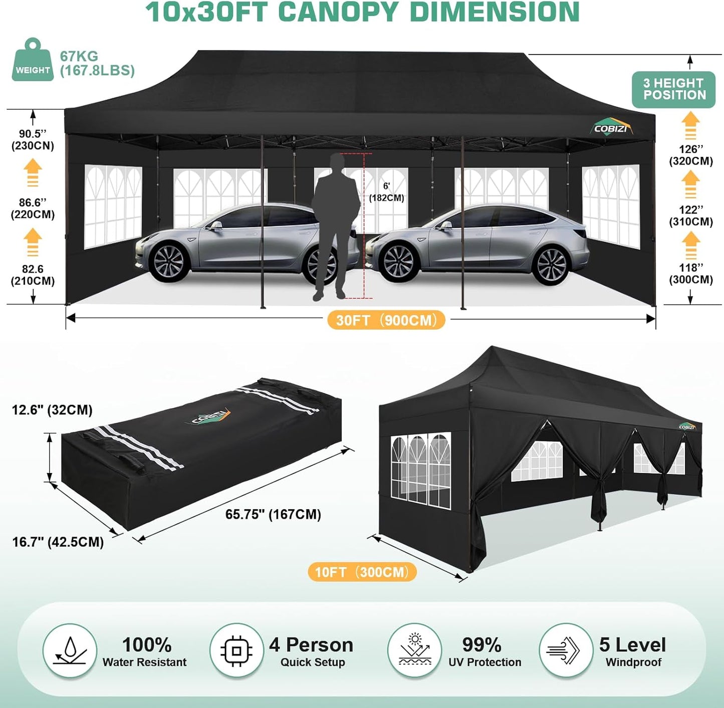 COBIZI 10x30 Pop Up Canopy Tent Heavy Duty with 8 Removable Sidewalls, Commercial Portable Tents for Parties Ez Up Canopy All-Weather Windproof & Waterproof and UPF 80+ Wedding Tent Sun Shelter