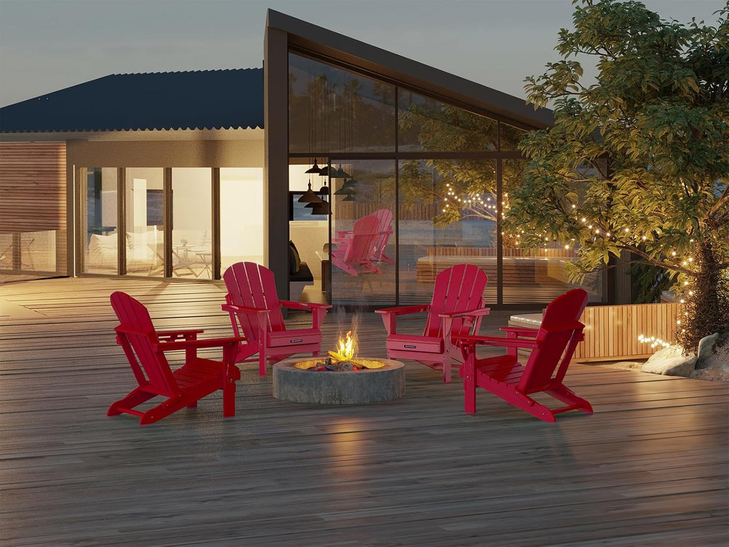 MUCHENGHY Folding Adirondack Chairs, Patio Chairs, Lawn Chairs, Outdoor Chairs, Adirondack Chair Plastic, Fire Pit Chairs, Weather Resistant with Cup Holder for Deck, Backyard, Garden(Red)