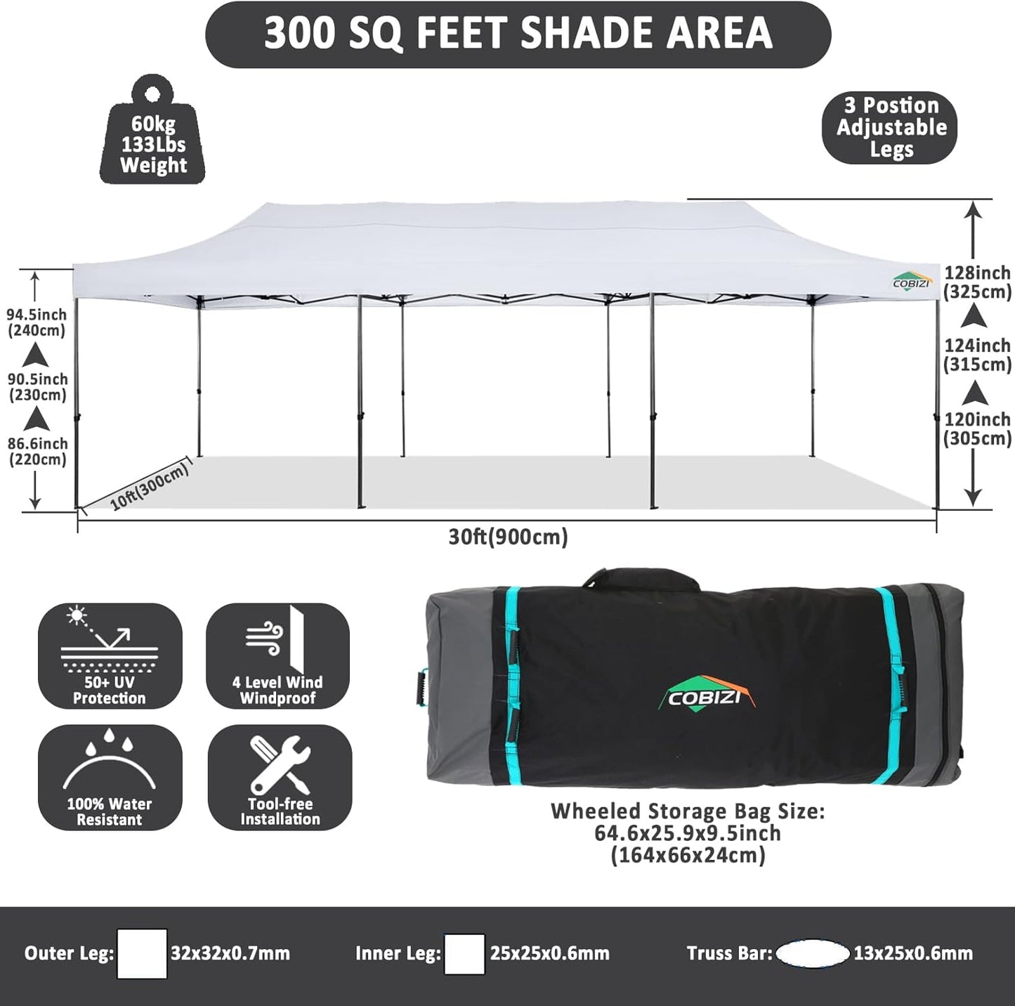COBIZI 10x30 Pop Up Canopy Without Sidewall,Heavy Duty Canopy UPF 50+ All Season Wind Waterproof Commercial Outdoor Wedding Party Tents for Parties Gazebo with Roller Bag(10 x 30 ft White)