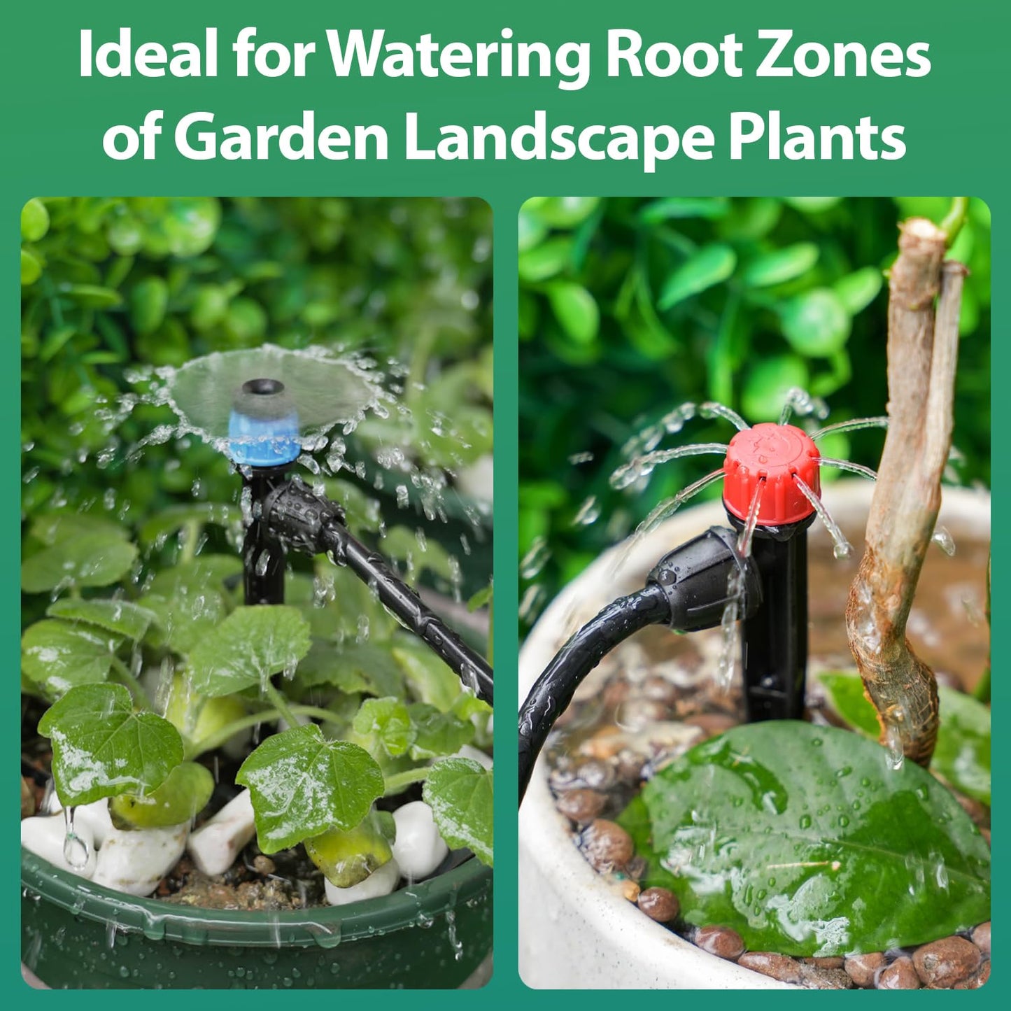 50 Pieces Drip Emitters for 1/4" Drip Irrigation Tubing, 25 Pcs Vortex Emitters and 25 Pcs Stream Emitters Adjustable 360 Degree Full Circle Drip Emitters with Stake