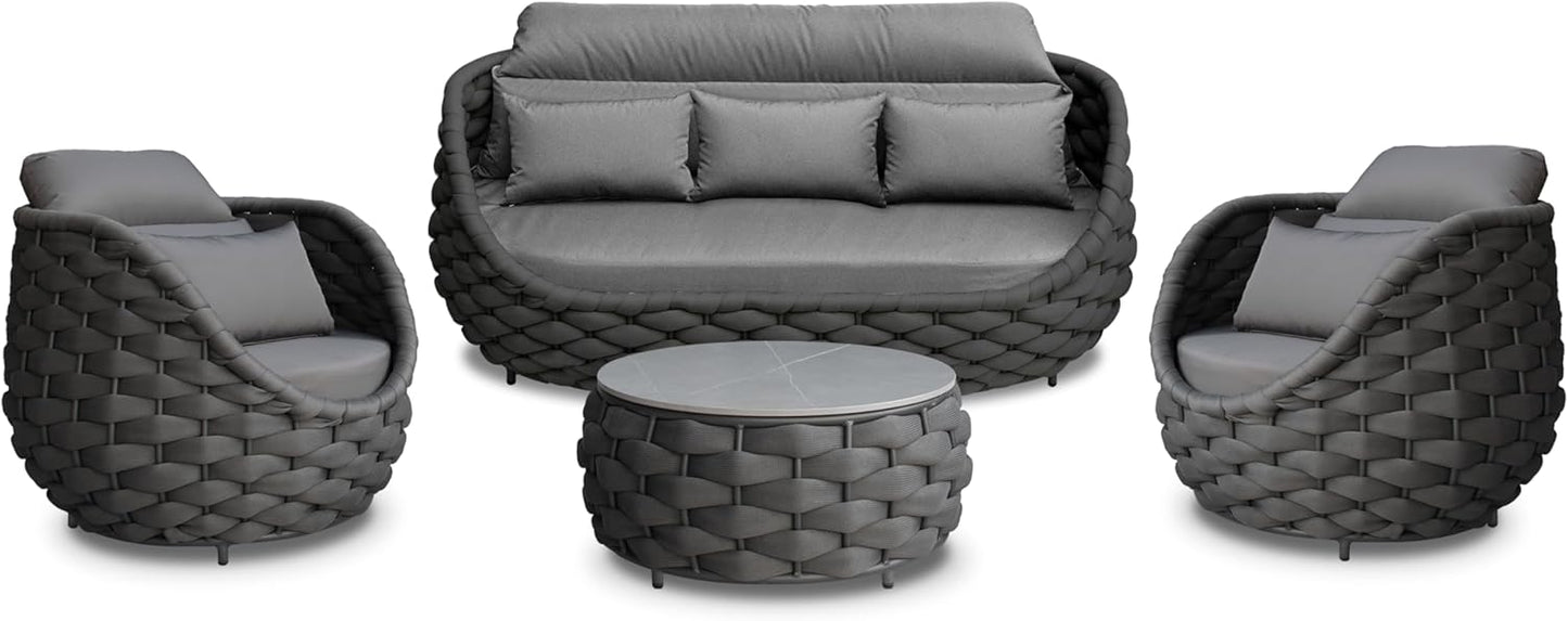 Rope Patio Furniture Set: 4 Pieces Aluminum Outdoor Couch Set Cushioned - Assembled Porch Conversation Sofa Set Modern - Metal Patio Seating for 5 Person Deck Garden Poolside Hotel, Dark Gray