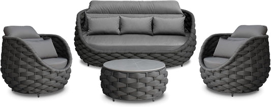 Rope Patio Furniture Set: 4 Pieces Aluminum Outdoor Couch Set Cushioned - Assembled Porch Conversation Sofa Set Modern - Metal Patio Seating for 5 Person Deck Garden Poolside Hotel, Dark Gray