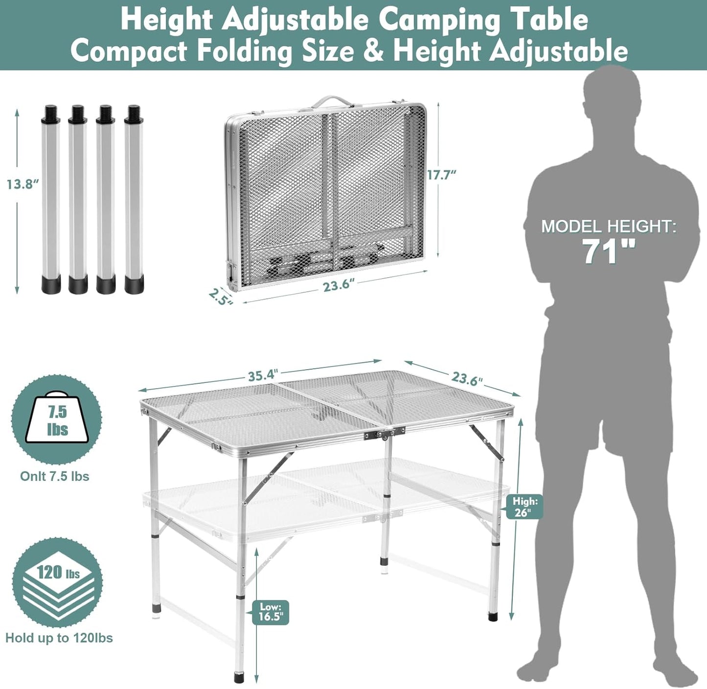 Folding Table, Easy for Storage, Compact and Portable Picnic Table for Grill, Outdoor Camping, Garden, Patio, Dining, BBQ, Party, Market, 3Ft (Medium, Silver)