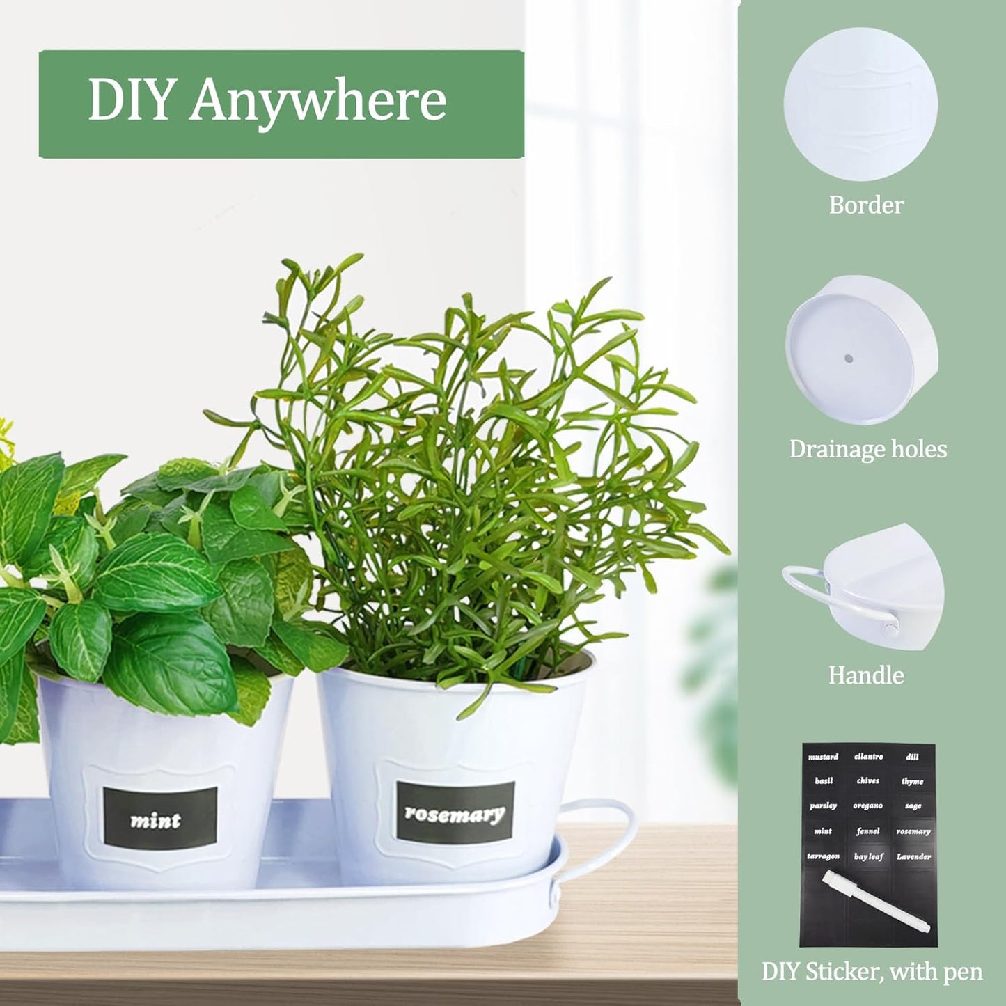 4" Herb Garden Planter Kit, Indoor Herb Planters with Tray, Set of 3 Metal Windowsill Pots for Flower Plants with Drainage Hole, Customizable Labels & Marker Pen, White