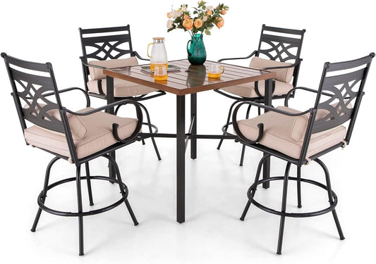Sophia & William Outdoor Patio Bar Set 5 Piece High Dining Table and Chairs Furniture Set-4 Swivel Bar Stools with Beige Cushion and 1 Square Bar Height Table with Hand-Painted Metal Top