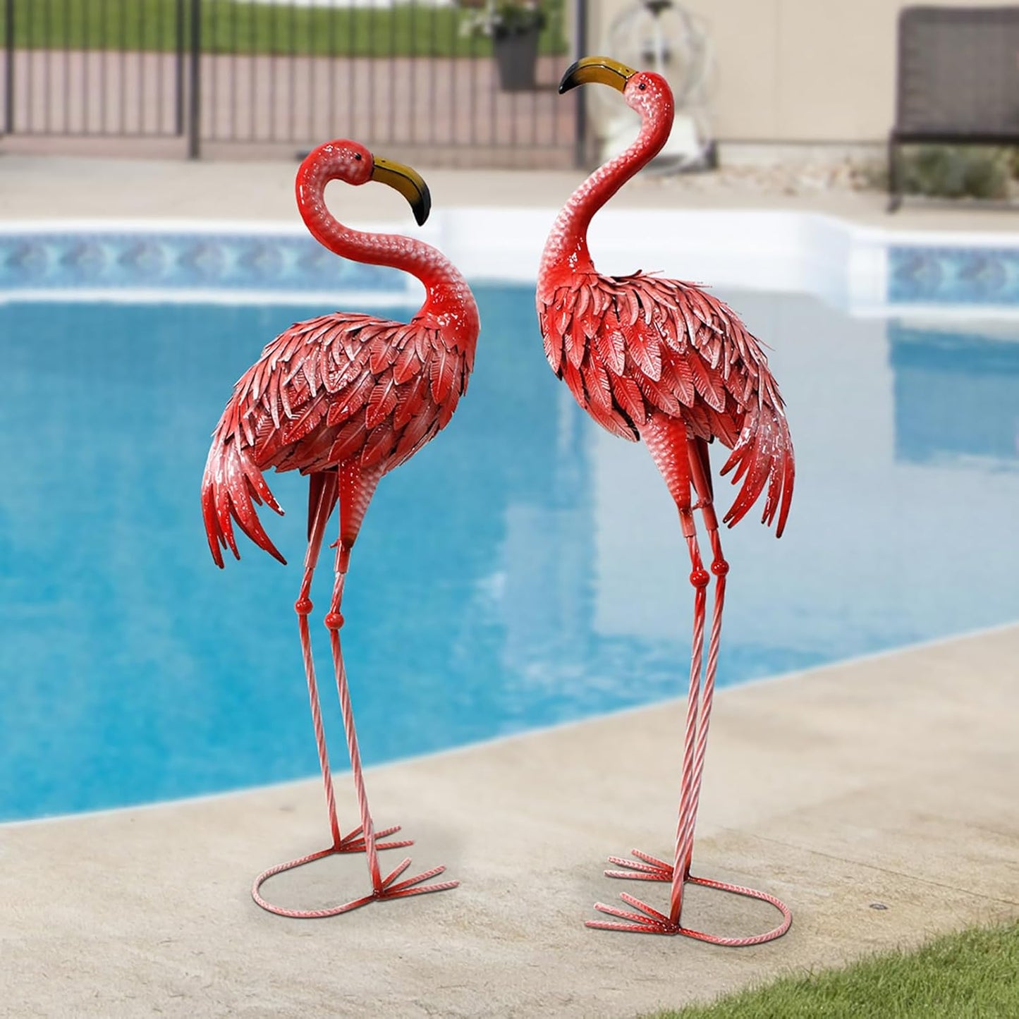 32-36 Inch Yard Flamingos Garden Statues, Metal Flamingo Outdoor Decor, Vibrant Flamingo Statues for Lawn, Backyard, Porch, Patio, Set of 2