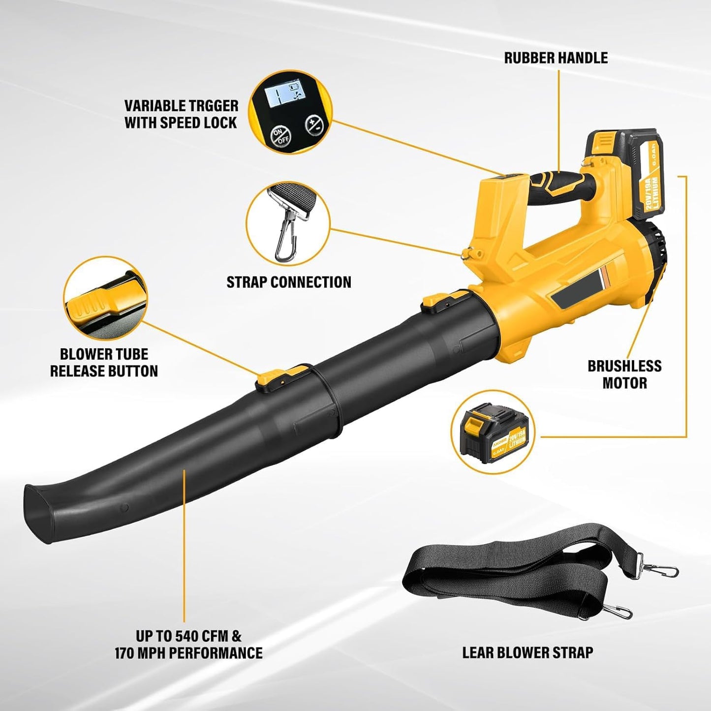 Cordless Leaf Blower – 6-Speed Settings. 540 CFM/170 MPH Powerful Electric Blower with 2x6.0 Ah Batteries & Fast Charger. Lightweight Leaf Blowers Great for Lawn Care, Yard Work and Garage Cleanup