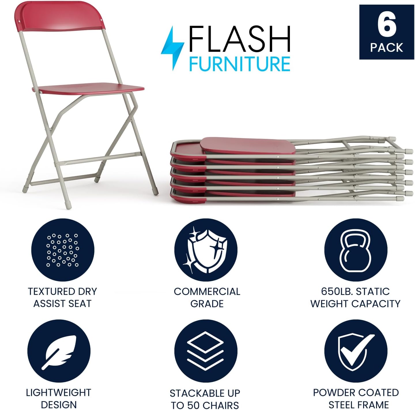 Flash Furniture Hercules Series Plastic Folding Chair - Red - 6 Pack 650LB Weight Capacity Comfortable Event Chair-Lightweight Folding Chair