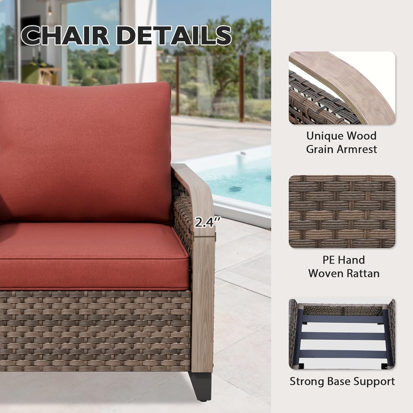 EAGLE PEAK Modern Wicker Outdoor Chair, Patio Chair Curved Armrest, Rattan Patio Furniture for Yard Deck Porch Garden, 1 Chair, Brown/Red