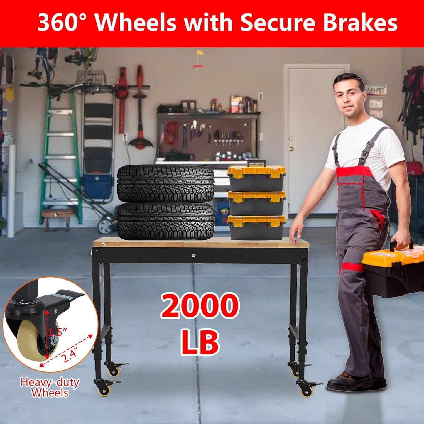 48x24 Inch Heavy-Duty Adjustable Workbench with Rubber Wood Top – 2000LB Capacity Mobile Garage Workstation, Locking Wheels, Power Outlets, Ideal for Workshop, DIY & Tool Storage (Black)