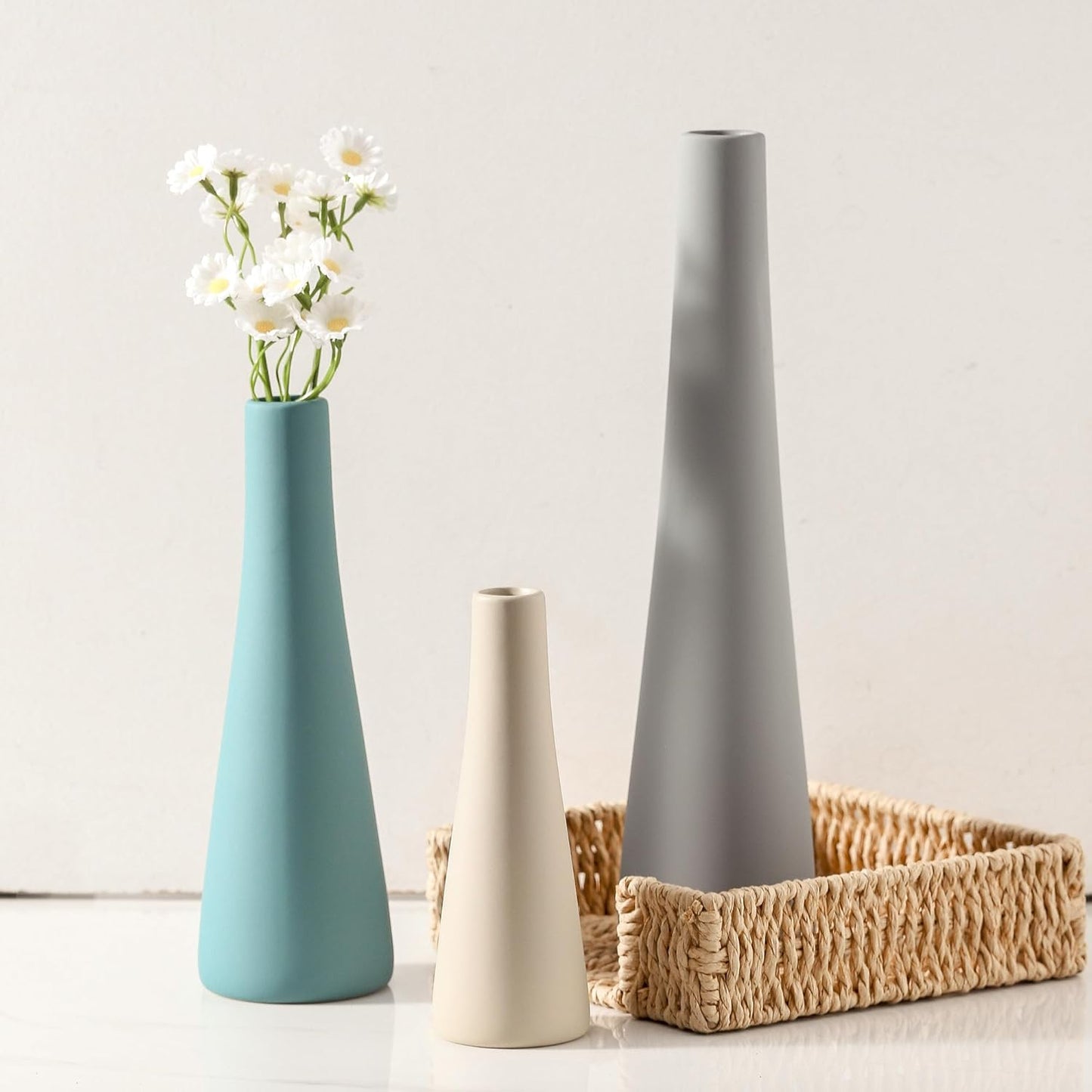 Ceramic Vase Set of 3, Modern Farmhouse Vases Neutral Pottery Vase Pampas Grass Flower Vases for Home Decoration Room Decor Table Living Room Centerpieces Mantel Decor - Blue