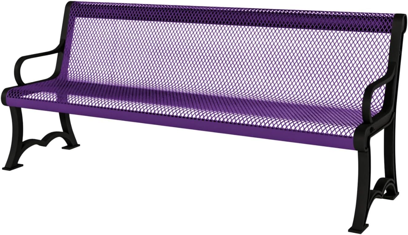 Heavy-Duty Outdoor Bench Thermoplastic Coated, Expanded Metal, Commercial-Grade Garden Bench, Made in America (Portable with Back, 4 Ft, Textured Purple)