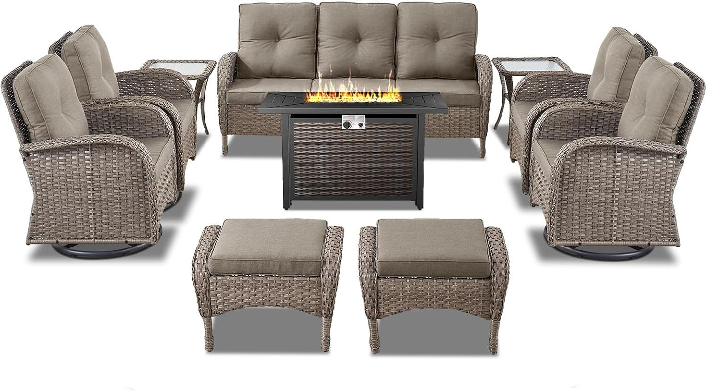 Expansive 10 Pieces Outdoor Patio Furniture Set with 43” Propane Fire Pit Table, Patio Conversation Set with Swivel Rocker Outdoor Chairs Set of 4 and Sofa, Ottoman and Wicker Side Table Gray