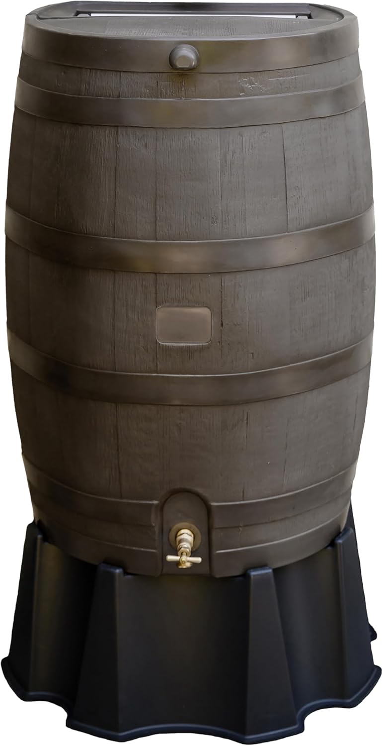 50-Gallon Rain Barrel, Flat Back Rain Water Collection Barrel, Stand Included, Walnut Color