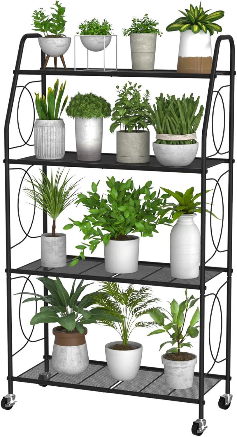4 Tier Plant Stand with Wheels, Plant Shelf for Indoor Outdoor, Heavy Duty Metal Tall Plant Stands Holder Rack for Living Room Balcony and Garden, Black