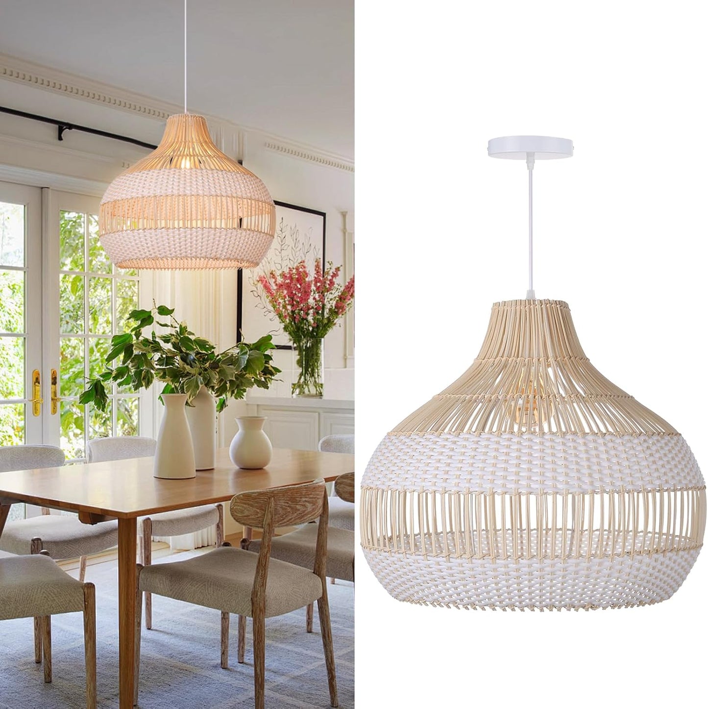 Arturesthome Woven Pendant Light 19.65" White Dining Room Lighting Adjustable Natural Rattan Pendant Lighting with Plastic for Restaurants Sitting Room