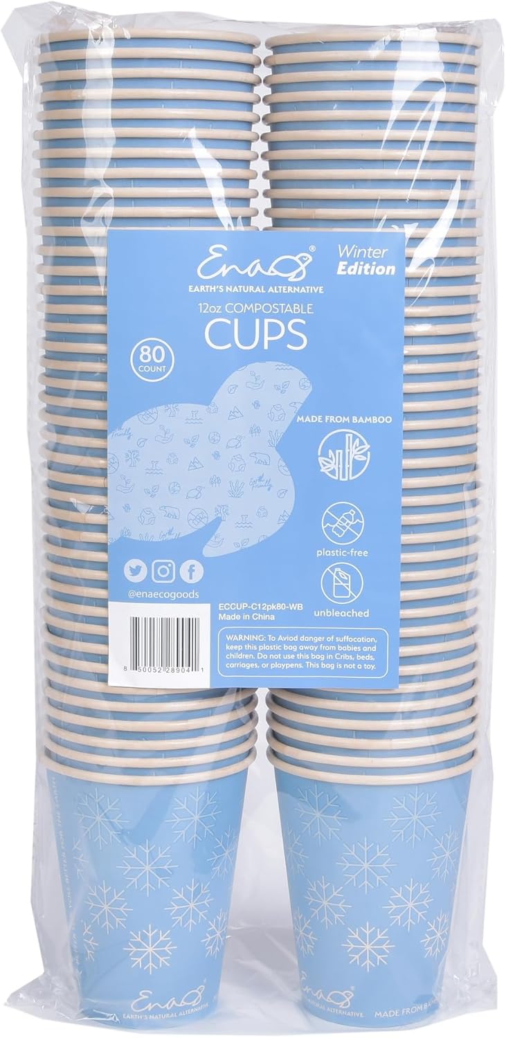 100% Compostable Disposable Coffee Cups [12oz (355ml) 80 Pack, Winter Blue] Paper Cups Made from Bamboo, Eco-Friendly, Biodegradable Premium Party Cups by Earth's Natural Alternative