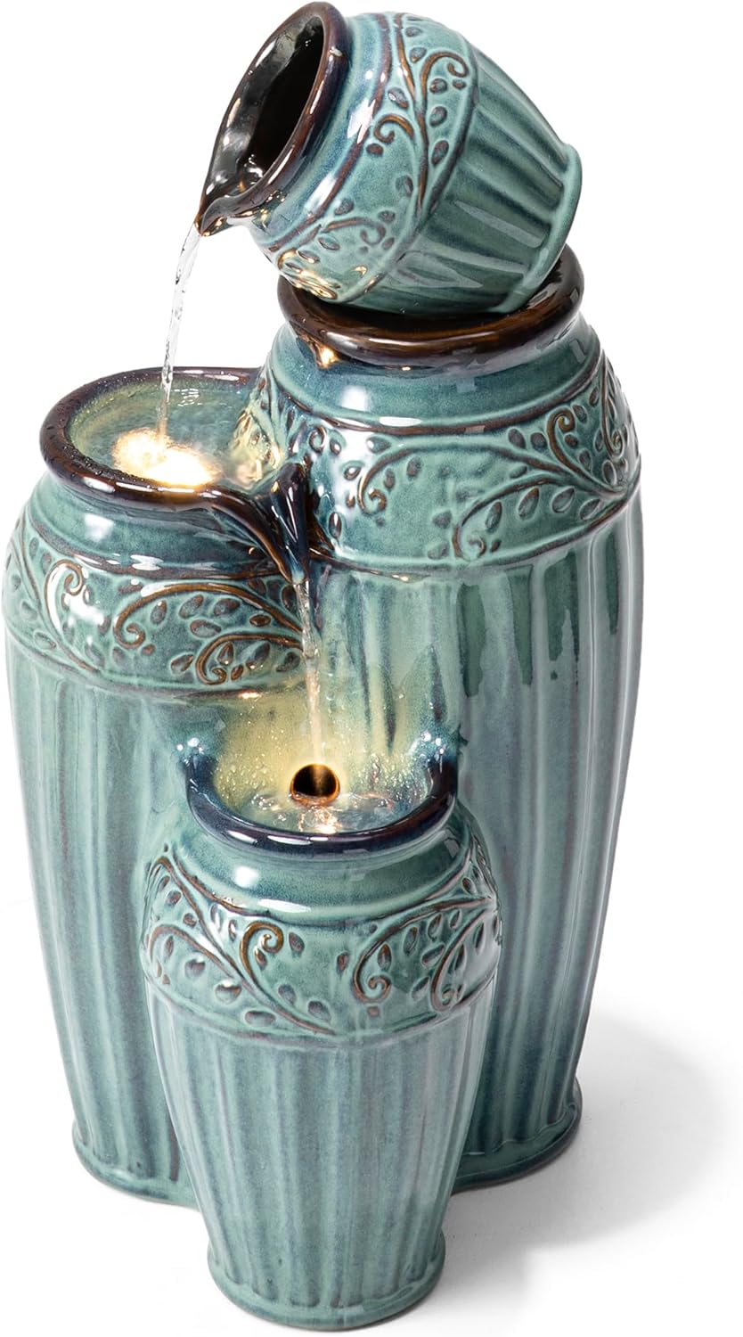 Glitzhome 27.25" H Outdoor Garden Water Fountain with LED Lights and Pump, 4 Tier Turquoise Embossed Pattern Ceramic Pots Cascading Floor Standing Fountain for Porch Deck Patio Backyard Decoration