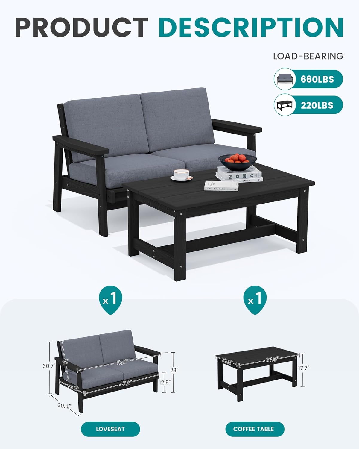 SERWALL Outdoor Loveseat, Black Frame and Grey Cushion