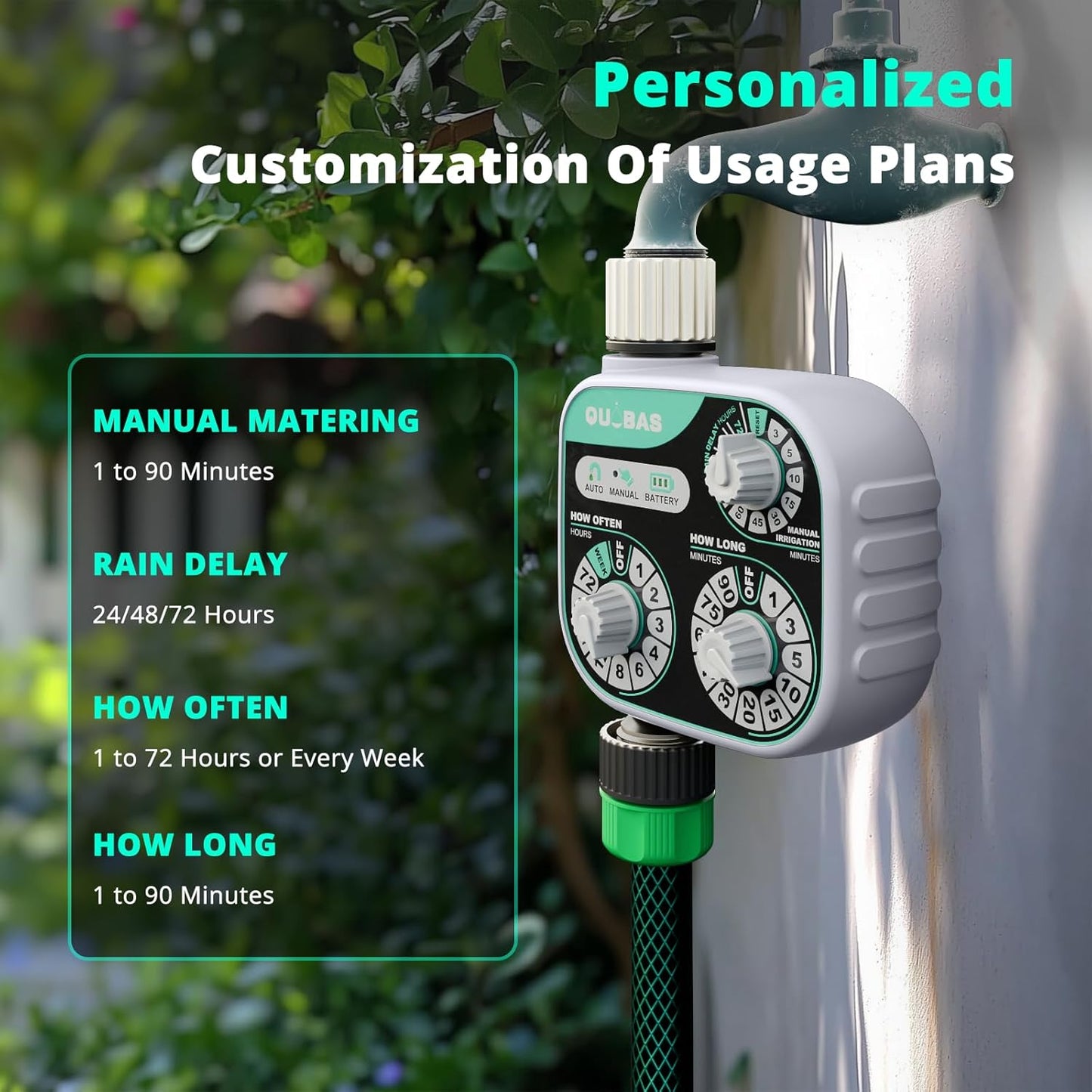 QUOBAS 3-Dial Analog Water Timer, Mechnical Control Automatic Sprinkler Timer with Manual and Rain Delay, for Garden Hose Watering, Drip Irrigation, Self-Watering System, Easy to Set Up