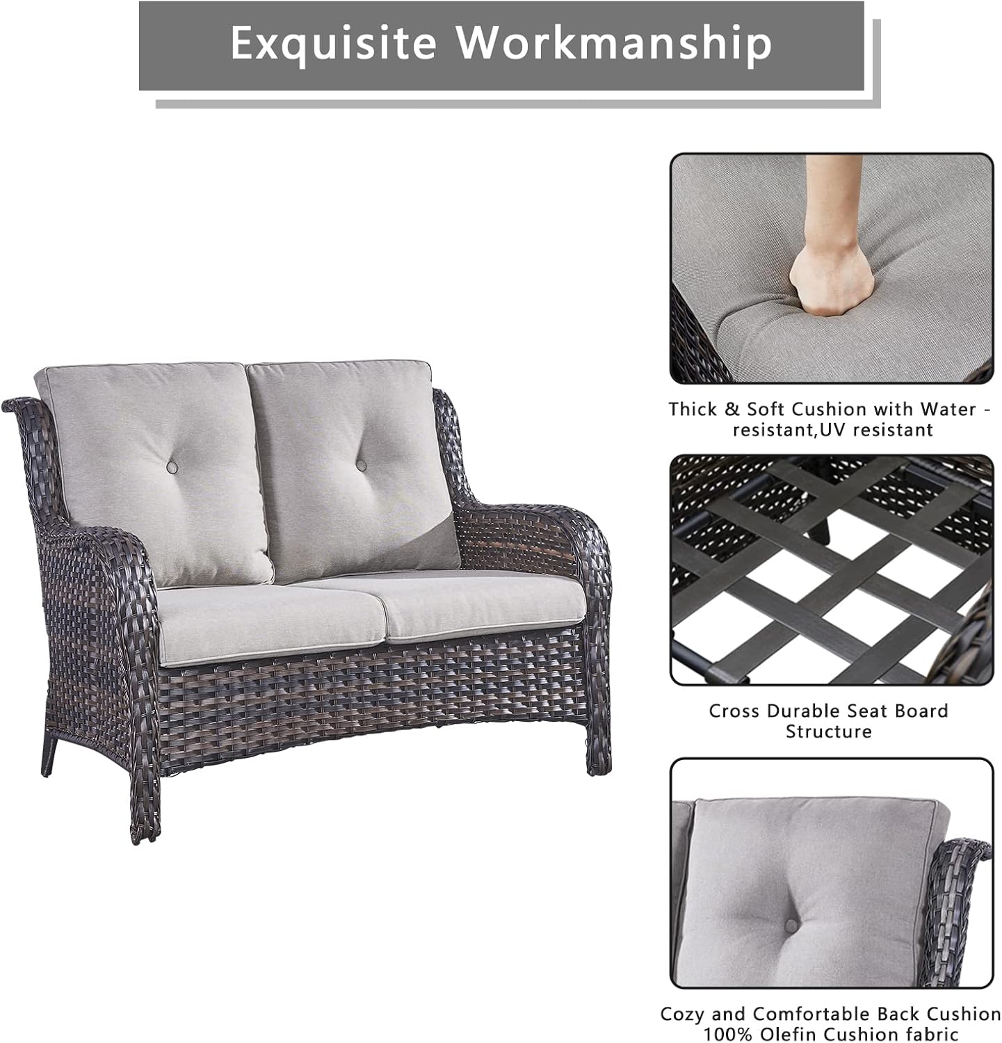 Outdoor Wicker Patio Furniture Set - 5 Piece Rattan Patio Conversation Set with 2 Rocking Swivel Chairs,2 Ottomans and 1 Loveseat for Porch Deck Backyard Garden(Brown/Grey)