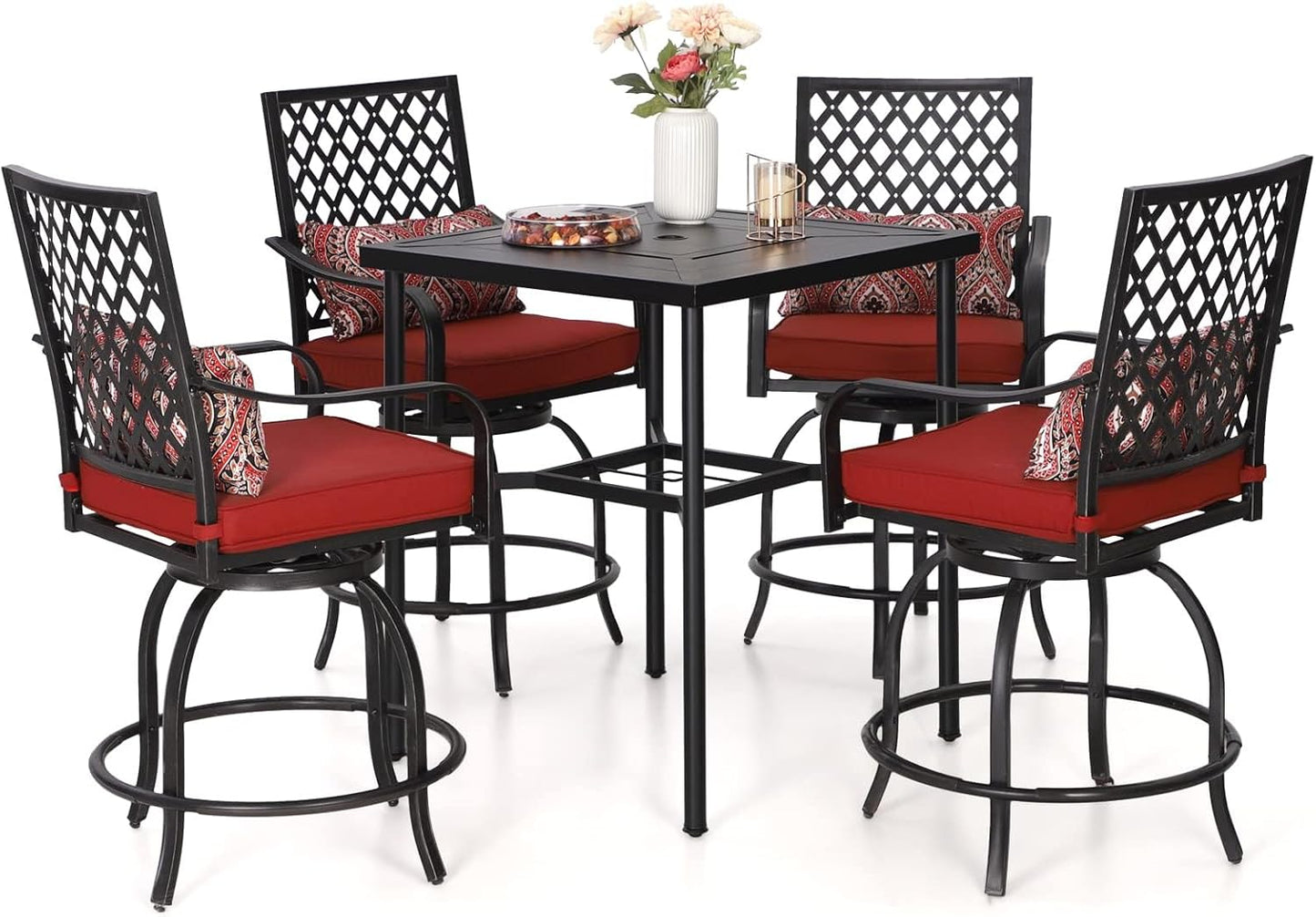 Sophia & William Patio Bar Set 5 Piece Outdoor High Dining Table and Chairs, Metal Furniture Set with 4 Swivel Bar Stools with Red Cushion and 1 Square Bar Height Table with 1.89'' Umbrella Hole