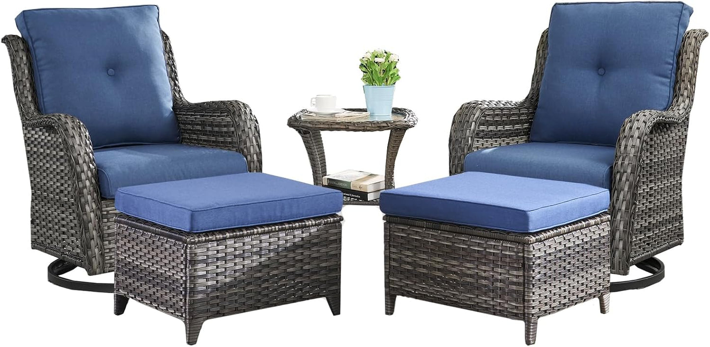 Outdoor Wicker Patio Furniture Set - 5 Pieces Rattan Patio Conversation Set with 2 Rocking Swivel Chairs,2 Ottomans and 1 Side Table for Porch Deck Backyard Garden(Mixed Grey/Blue)