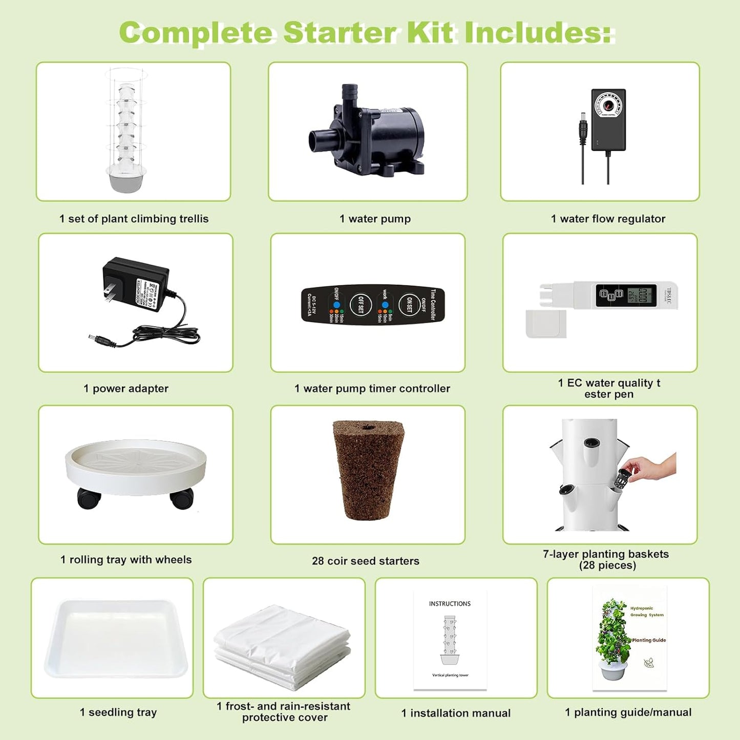 Hydroponic Growing System Kit,Indoor&Outdoor Vertical Hydroponic Growing Garden for Leafy Greens & Herbs, 28 Plant Sites with Climbing Trellis, Energy-Efficient Kit