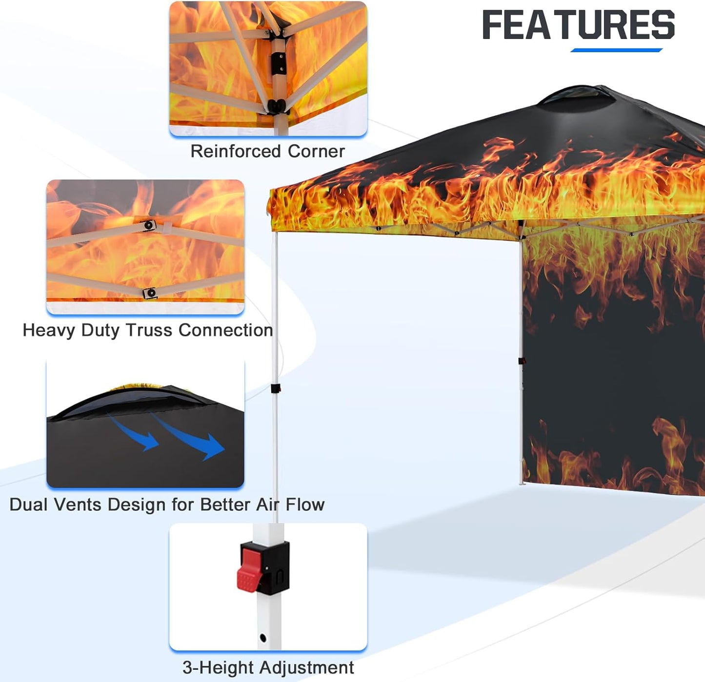 EAGLE PEAK Pop Up Canopy Tent with 1 Sidewall, Easy Setup Event Tent, Outdoor Sun Shade, Wheeled Carry Bag, Stakes and Guy Ropes, Instant Canopy 10x10, Flame